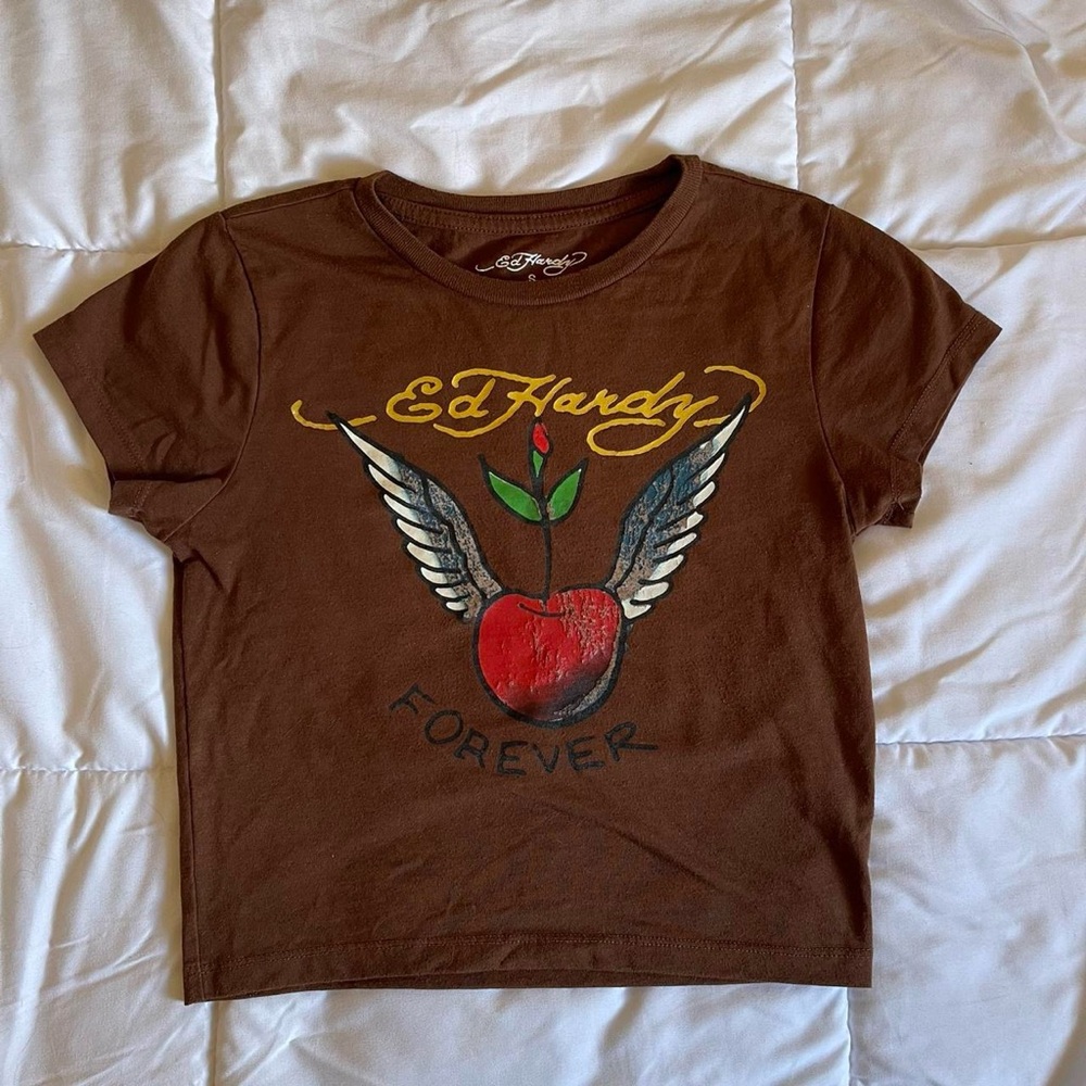Ed Hardy Brown Short Sleeve Tee with Graphic Design
